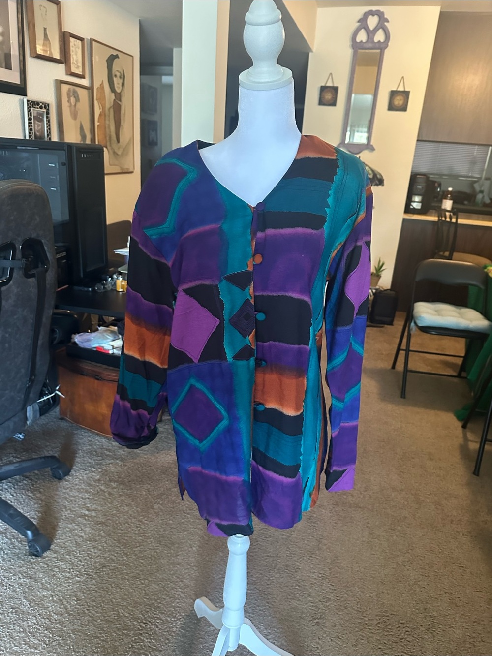 Vintage Patchwork Button-Front Blouse - Teal, Purple, Black, Orange